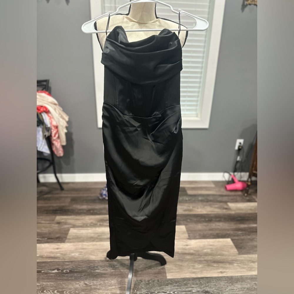 Bardot Jamila Corset Satin Midi Dress Black Womens Size XS 2 BodyCon Cocktail - Picture 3 of 8